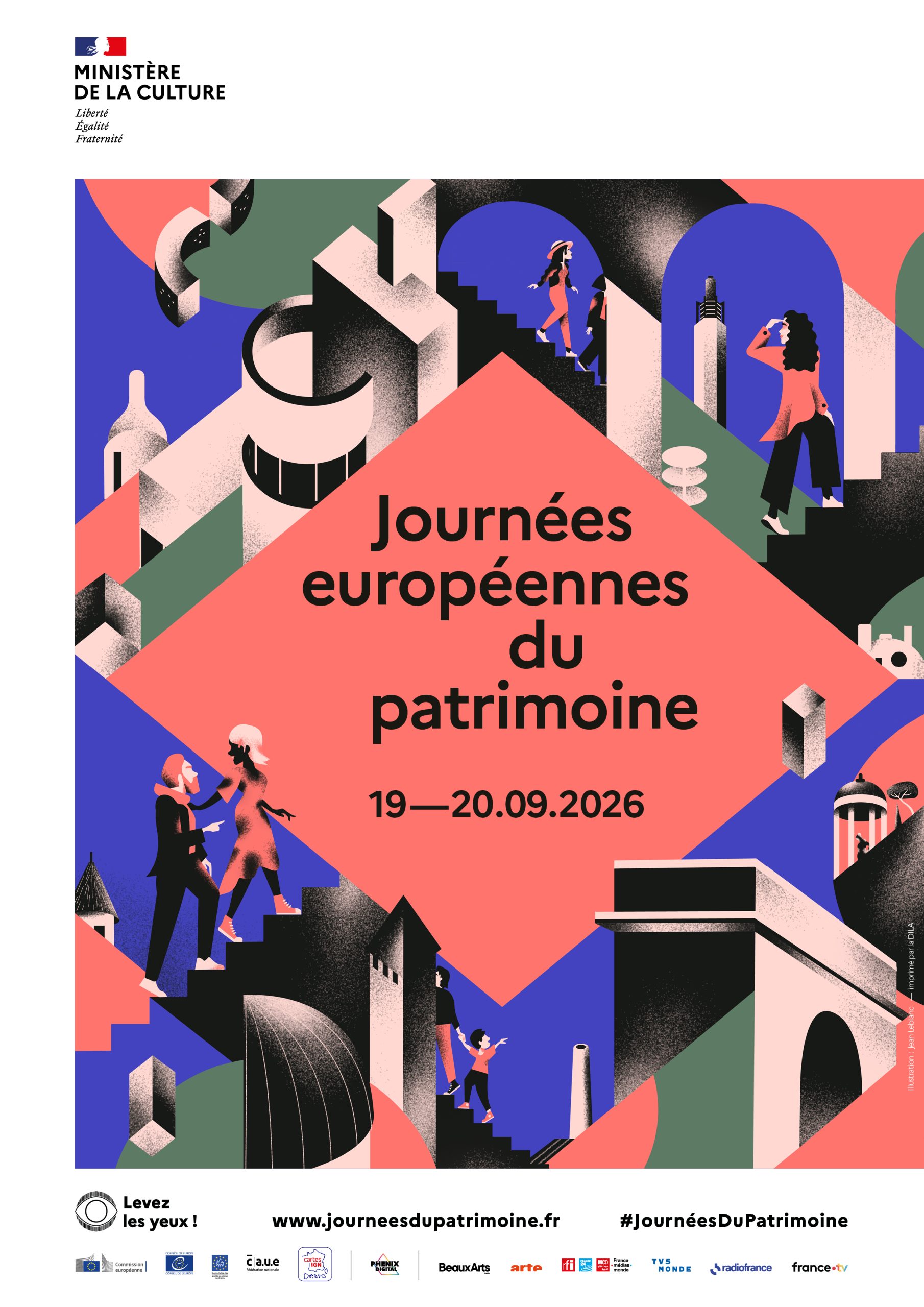 Affiche des Journées européennes du patrimoine 2026 : illustration colorée de monuments et de visiteurs dans un décor architectural stylisé, avec le texte central « Journées européennes du patrimoine, 19-20 septembre 2026 ».